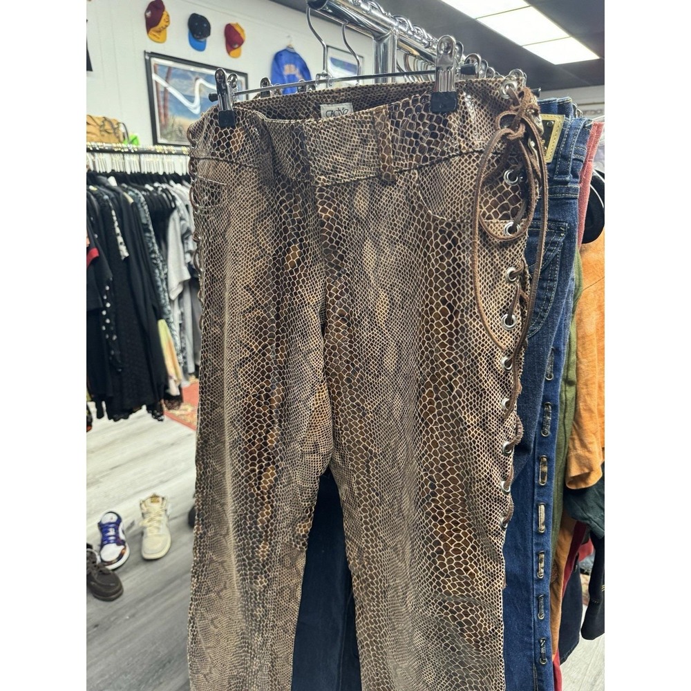 Vintage 90s Cache Brown Snakeskin Suede Side Lace Up Mid Rise Flare Pants Size 4